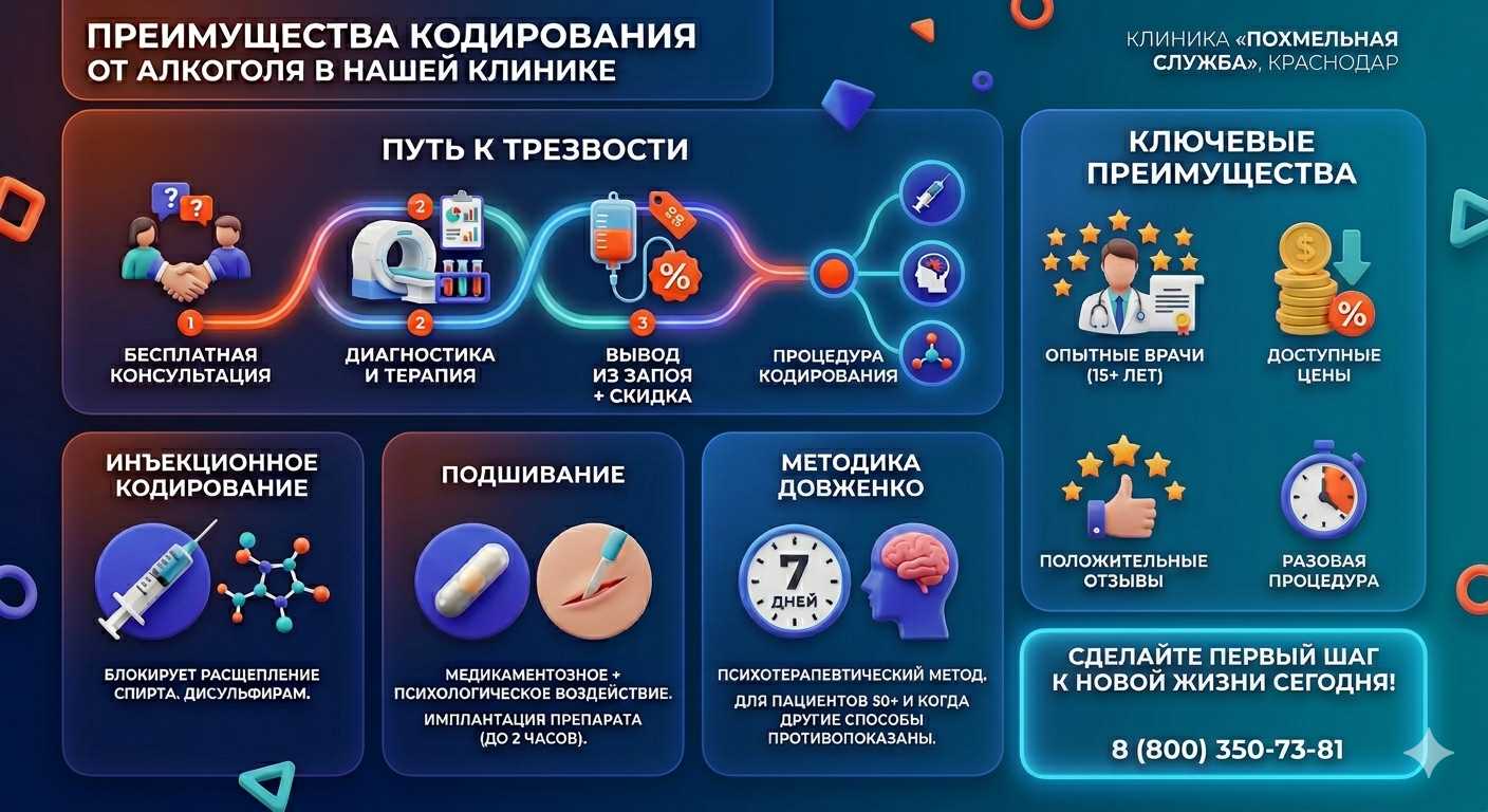 Инфографика о методах кодирования от алкоголя в Ключах: инъекции, подшивание, метод Довженко. Преимущества клиники и этапы лечения.
